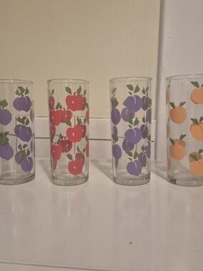 Four High Ball Colorful Fruit Themed Drinking Glasses Plums Apples Peaches